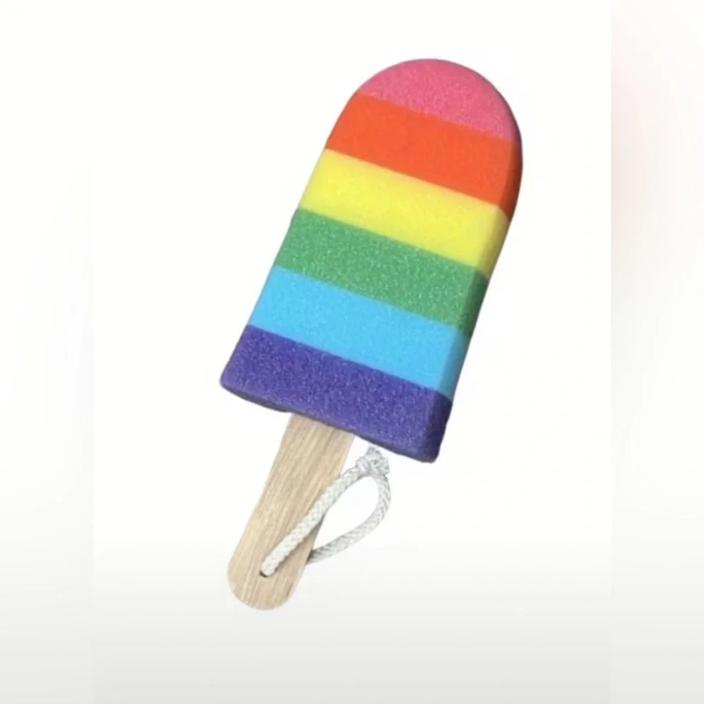 Rainbow Popsicle Shaped Sponge with rope and wooden handle kitchen or bath